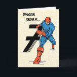 Grandson 7th Birthday Superhero Karte<br><div class="desc">Am 7. Geburtstag deines Grandsons radelt dieser Superheld in Blau und Orange mit besonderen Wünschen ein! Was für eine lustige Karte für deinen Enkel an seinem 7. Geburtstag.</div>