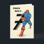 Grandson 7th Birthday Superhero Karte<br><div class="desc">Am 7. Geburtstag deines Grandsons radelt dieser Superheld in Blau und Orange mit besonderen Wünschen ein! Was für eine lustige Karte für deinen Enkel an seinem 7. Geburtstag.</div>