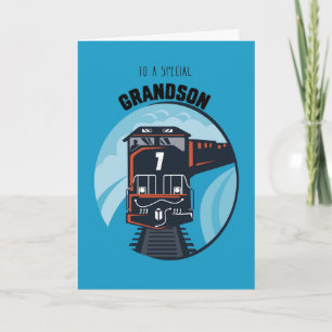 Grandson 7th Birthday Train, Little Boy, Blue Karte