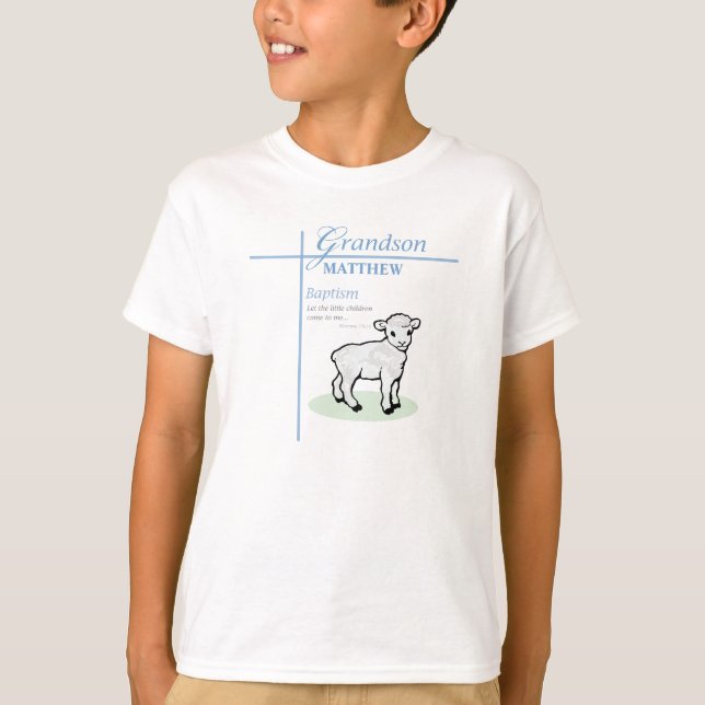 Grandson Baptisk Blue Boy Lamb Personalisiert T-Shirt (Vorderseite)