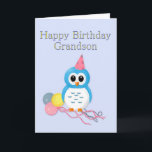 Grandson Birthday Cartoon Owl and Balloons Karte<br><div class="desc">Diese Karte wünscht einem Enkel einen glücklichen Geburtstag. Es hat einen niedlichen zeichn einer blauen Eule mit einem Party Hut auf dem Kopf. Es hält einen Haufen von gelben rosa und blauen Ballons,  eine lustige und glückliche Karte für einen jungen Enkel.</div>