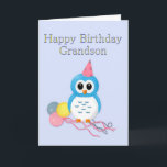 Grandson Birthday Cartoon Owl and Balloons Karte<br><div class="desc">Diese Karte wünscht einem Enkel einen glücklichen Geburtstag. Es hat einen niedlichen zeichn einer blauen Eule mit einem Party Hut auf dem Kopf. Es hält einen Haufen von gelben rosa und blauen Ballons,  eine lustige und glückliche Karte für einen jungen Enkel.</div>