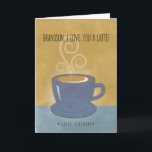 Grandson Birthday I Liebe Sie ein Latte, Kaffee Karte<br><div class="desc">Diese Geburtstagskarte für Ihren Grandson bietet eine heiße,  dampfende Tasse Kaffee mit Wirbel aus Dampf und Schaumstoff. Der Cup und die Untertasse sind dunkelblau auf blauem und butterscotch Hintergrund mit einem Aquarelleffekt. Moderne Schrift für die Vorderstimmung. Perfekt,  um zu sagen,  dass du ihn "spät" Liebe.</div>