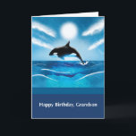 Grandson Birthday mit Orca Whale im Ozean Karte<br><div class="desc">Ein Orkawal springt aus dem blauen und grünen Ozean. Wünschen Sie Ihrem Enkel einen Wal der guten Zeit, während er feiert. Ideal für viele Altersgruppen, da Jungen oft das Meer und die Unterwasserwelt mögen. Das Wasser ist mit Wellen und Wirbel gefüllt, während die Sonne hell scheint. Teens, Tweens und Kleinkinder...</div>