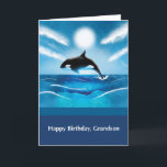 Grandson Birthday mit Orca Whale im Ozean Karte<br><div class="desc">Ein Orkawal springt aus dem blauen und grünen Ozean. Wünschen Sie Ihrem Enkel einen Wal der guten Zeit, während er feiert. Ideal für viele Altersgruppen, da Jungen oft das Meer und die Unterwasserwelt mögen. Das Wasser ist mit Wellen und Wirbel gefüllt, während die Sonne hell scheint. Teens, Tweens und Kleinkinder...</div>