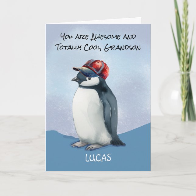 Grandson Birthday Penguin in Baseballhut Karte (Vorderseite)