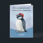 Grandson Birthday Penguin in Baseballhut Karte<br><div class="desc">Mit dieser lustigen und fröhlichen Karte machen Sie Ihrem Enkel den Geburtstag ganz besonders! Mit einem niedlichen Aquarellpinguin mit einem roten und blauen Baseballhut besticht dieses Design durch ein spielerisches und cooles Ambiente. Die Vorderseite erlaubt es Ihnen, ihn mit seinem Namen zu personalisieren, was ihn zu einem einzigartigen Sake macht....</div>