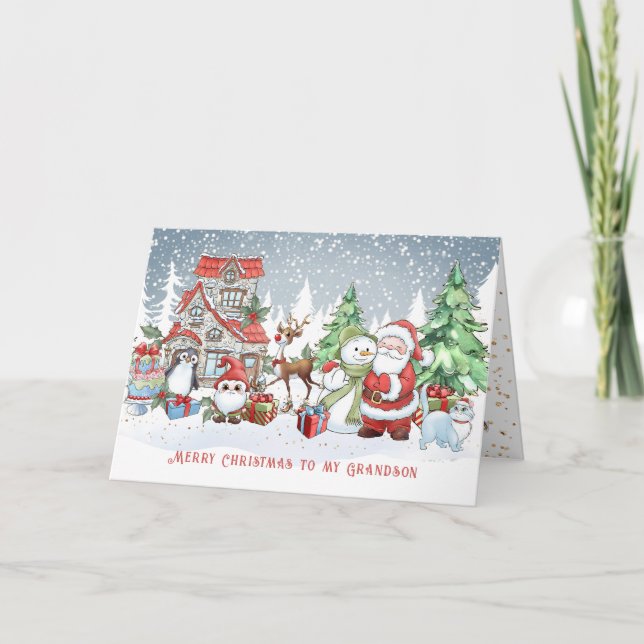 Grandson Christmas Santa Snowman Rudolph Card Karte (Vorderseite)
