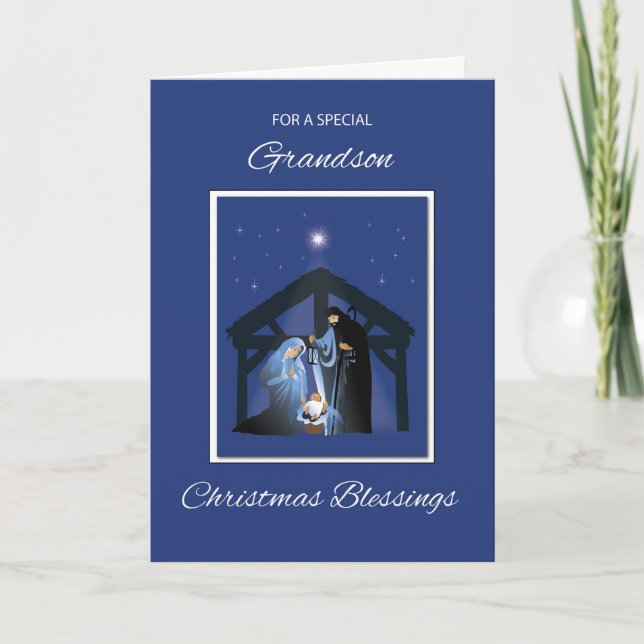 Grandson Christmas Segen Manger on Blue Karte (Vorderseite)