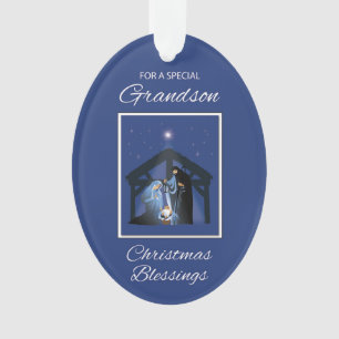 Grandson Christmas Segen Manger on Blue Ornament