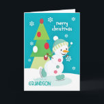 Grandson Christmas Snowman Ice Skaten Feiertagskarte<br><div class="desc">Eine super niedliche und farbenfrohe Weihnachtskarte für einen kleinen Grandson mit einer bezaubernden Schneeeis-Skaten auf einem kleinen Teich und einem bunten,  dreistöckigen Weihnachtsbaum mit Schneeflocken auf türkisfarbenem Hintergrund. Schneemann mit freundlicher Genehmigung von PrettyGrafik.</div>