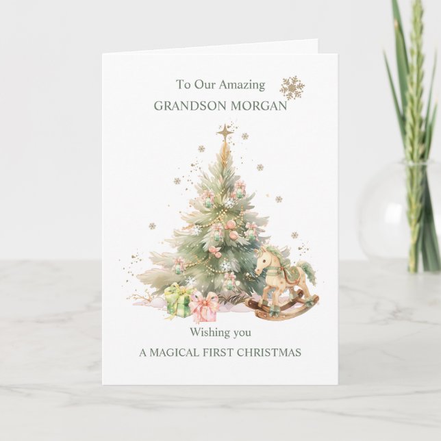 Grandson Christmas Tree Rocking Horse Nutcracker Karte (Vorderseite)