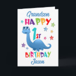Grandson Dinosaur 1. Geburtstag Karte<br><div class="desc">Eine spezielle 1. Geburtstagskarte für Ihren Enkel! Diese lustige erste Geburtstagskarte mit einem blauen Dinosaurier, einigen hübschen Sternen und farbenfrohen Texten. Ein niedliches Design für jemanden, der ein Jahr alt wird. Fügen Sie den Namen des ersten Geburtstags auf der Vorderseite der Karte hinzu, um ihn für den speziellen Jungen oder...</div>