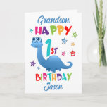 Grandson Dinosaur 1. Geburtstag Karte<br><div class="desc">Eine spezielle 1. Geburtstagskarte für Ihren Enkel! Diese lustige erste Geburtstagskarte mit einem blauen Dinosaurier, einigen hübschen Sternen und farbenfrohen Texten. Ein niedliches Design für jemanden, der ein Jahr alt wird. Fügen Sie den Namen des ersten Geburtstags auf der Vorderseite der Karte hinzu, um ihn für den speziellen Jungen oder...</div>