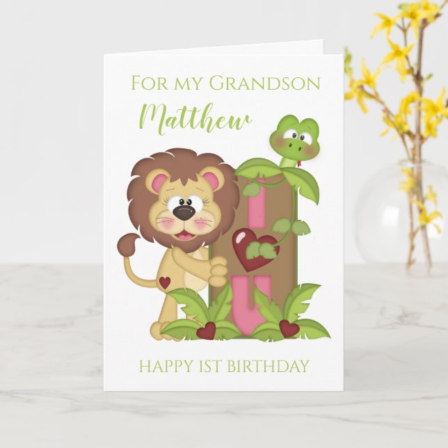 Grandson First Birthday Niedlich Lion Foto Karte (Gelbe Blume)