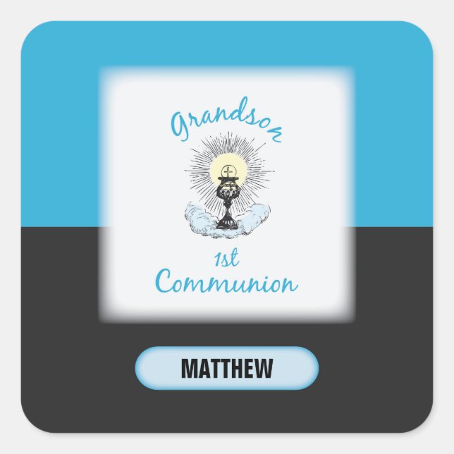 Grandson First Communation, Blue Cup Quadratischer Aufkleber (Vorderseite)