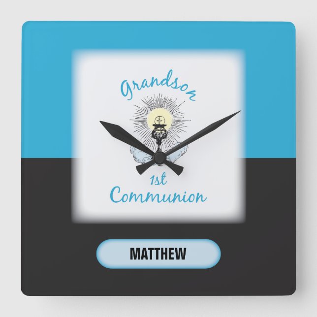 Grandson First Communion, Blue Cup Quadratische Wanduhr (Vorderseite)