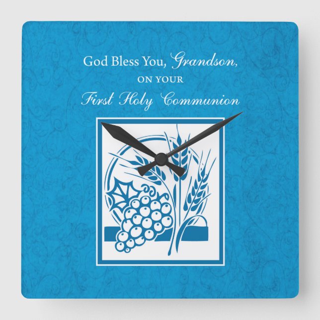 Grandson First Communion Blue, Weizen, Trauben Quadratische Wanduhr (Vorderseite)