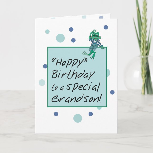 Grandson Frog in Jeans, Geburtstag, Polka Dots Karte (Vorderseite)