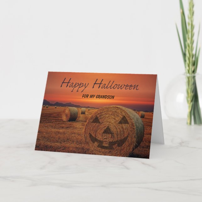 Grandson Halloween Bale of Hay Kürbislaterne Karte (Vorderseite)