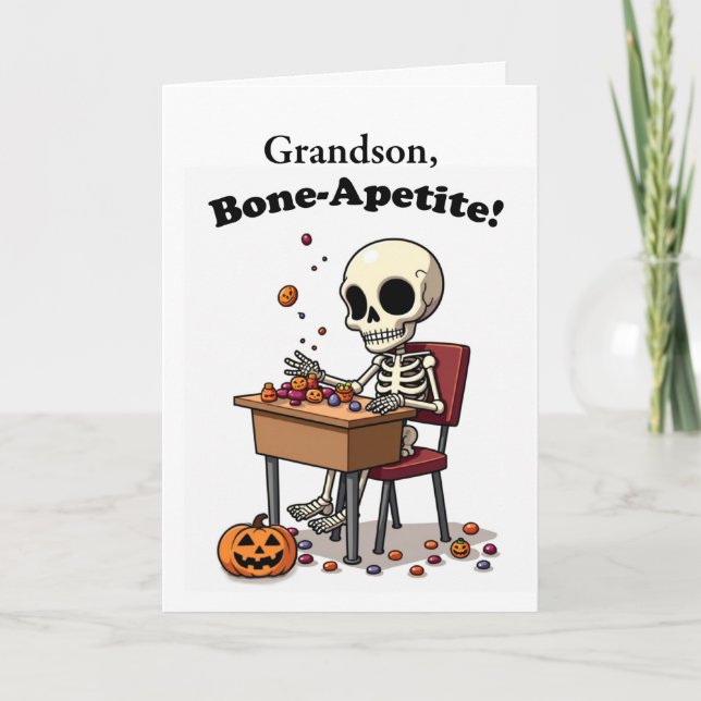 Grandson Halloween Funny Skeleton Bone-Apetite Karte (Vorderseite)