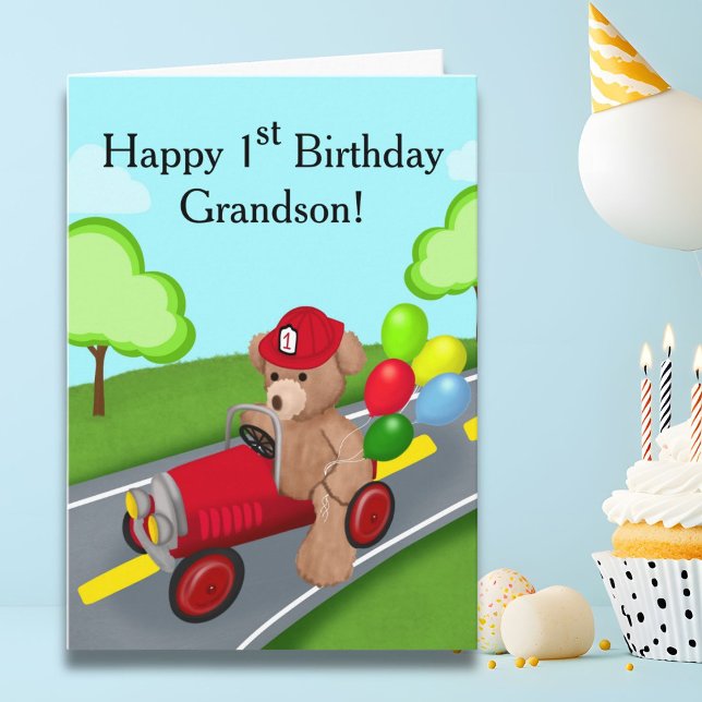 Grandson Happy 1. Geburtstag Teddy Bear Feuerwagen Karte (Von Creator hochgeladen)
