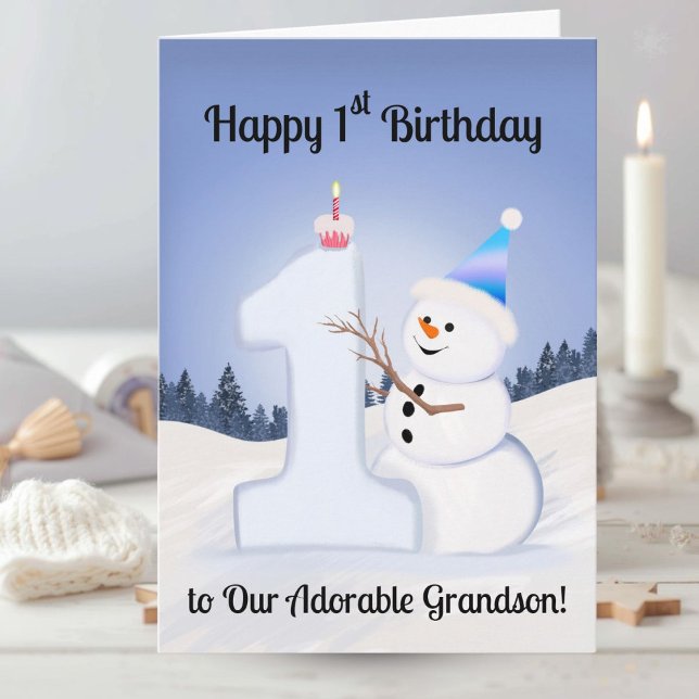 Grandson Happy 1st Birthday Snowman Building One Karte (Von Creator hochgeladen)