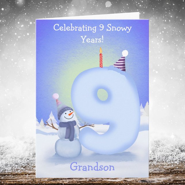 Grandson Happy 9th Birthday Snowman Building  Karte (Von Creator hochgeladen)