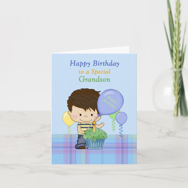 Grandson Happy Birthday Boy Blue Green Balloons Karte (Vorderseite)