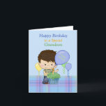 Grandson Happy Birthday Boy Blue Green Balloons Karte<br><div class="desc">Eine süße Karte für einen Special Grandson, mit blauem Hintergrund mit kariertem Unterblau und einem süßen kleinen Jungen mit blauem und gelbem Shirt und Jeans. Vor dem kleinen Jungen gibt es einen grünen Kuchen und herumschwebende Ballons. Junge und cupcake originelles Design von Cheryl Seslar bei Digital Craft Supplies, Balloons Original...</div>