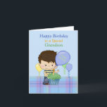 Grandson Happy Birthday Boy Blue Green Balloons Karte<br><div class="desc">Eine süße Karte für einen Special Grandson, mit blauem Hintergrund mit kariertem Unterblau und einem süßen kleinen Jungen mit blauem und gelbem Shirt und Jeans. Vor dem kleinen Jungen gibt es einen grünen Kuchen und herumschwebende Ballons. Junge und cupcake originelles Design von Cheryl Seslar bei Digital Craft Supplies, Balloons Original...</div>