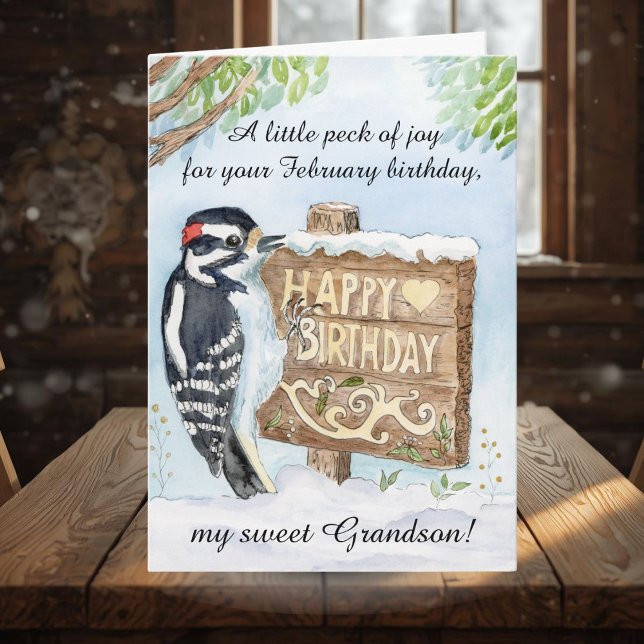 Grandson Happy February Birthday Woodpecker Karte (Von Creator hochgeladen)