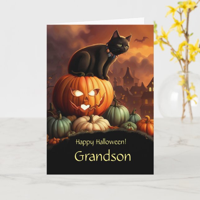 Grandson Happy Halloween mit Niedlichem Black Cat  Karte (Gelbe Blume)