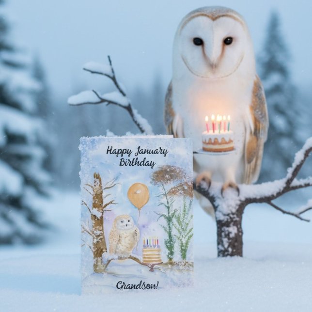 Grandson Happy January Birthday Owl Cake Karte (Von Creator hochgeladen)