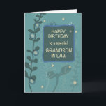Grandson in Law Religious Birthday Green Hand Zeic Karte<br><div class="desc">Feiern Sie mit dieser wunderschön gestalteten Karte den Geburtstag Ihres Schwiegersohns. Die Vorderseite ist mit einem herzlichen "Happy Birthday to a special Enkel-in-Schwiegersohn"-Set vor einem dunkelgrünen Hintergrund mit aquamarinen Akzenten und handgezeichnet Blattwerk ausgestattet und schafft ein elegantes und naturlich inspiriertes Aussehen. Im Inneren erinnert ihn die Karte an den Segen,...</div>
