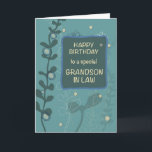 Grandson in Law Religious Birthday Green Hand Zeic Karte<br><div class="desc">Feiern Sie mit dieser wunderschön gestalteten Karte den Geburtstag Ihres Schwiegersohns. Die Vorderseite ist mit einem herzlichen "Happy Birthday to a special Enkel-in-Schwiegersohn"-Set vor einem dunkelgrünen Hintergrund mit aquamarinen Akzenten und handgezeichnet Blattwerk ausgestattet und schafft ein elegantes und naturlich inspiriertes Aussehen. Im Inneren erinnert ihn die Karte an den Segen,...</div>