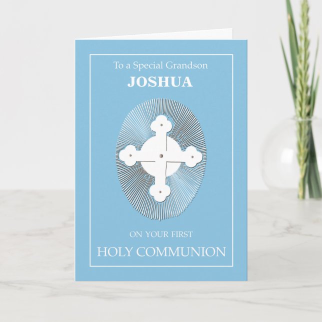 Grandson Individuelle Name Communion Blue mit Kreu Karte (Vorderseite)