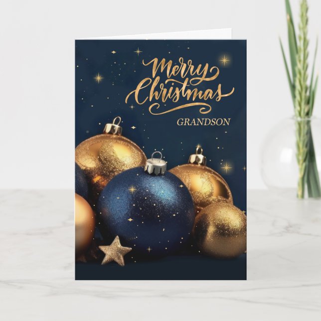 Grandson Navy Blue und Gold Ornamente Weihnachten (Vorderseite)