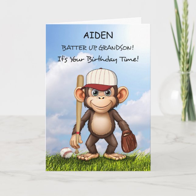 Grandson Personalize Baseball Birthday Monkey Karte (Vorderseite)