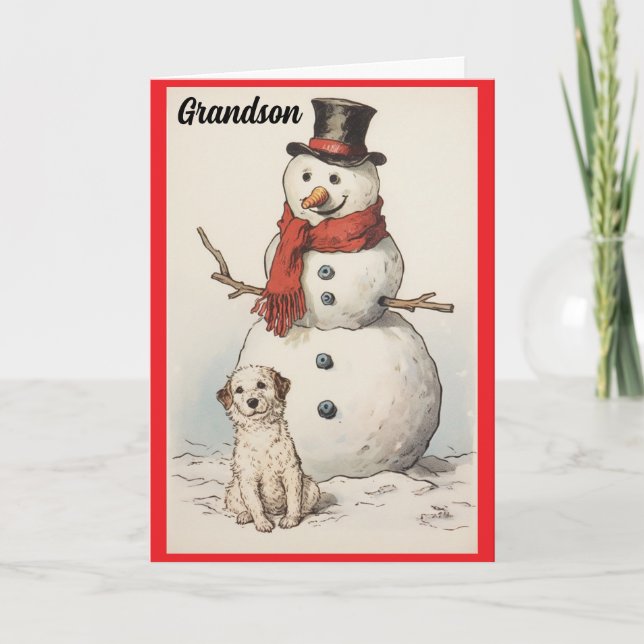 Grandson Snowman Et Chien Carte De Vacances (Devant)
