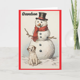 Grandson Snowman Et Chien Carte De Vacances