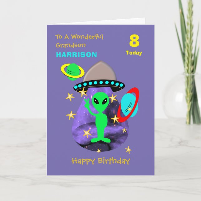 Grandson Spaceship Alien Niedlich Happy Birthday C Karte (Vorderseite)