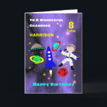 Grandson Spaceship Astronaut Niedlich Happy Birthd Karte<br><div class="desc">Super niedlicher Cartoon Weltraummotiv mit Astronaut im Weltraum,  Rakete,  Sterne,  Planeten und Raumschiff; So ein lustiges und farbenfrohes Design und einfach zu anpassen mit einem Namen,  Alter und Nachricht,  für diese besondere Touch ohne Aufpreis.</div>