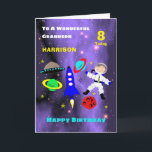 Grandson Spaceship Astronaut Niedlich Happy Birthd Karte<br><div class="desc">Super niedliches Cartoon Weltraummotiv mit einem Astronauten im Weltraum,  Rakete,  Sterne,  Planeten und Raumschiff; so ein lustiges und farbenfrohes Design und einfach mit einem Namen,  Alter und Botschaft anzupassen,  für diese besondere Touch ohne Aufpreis.</div>