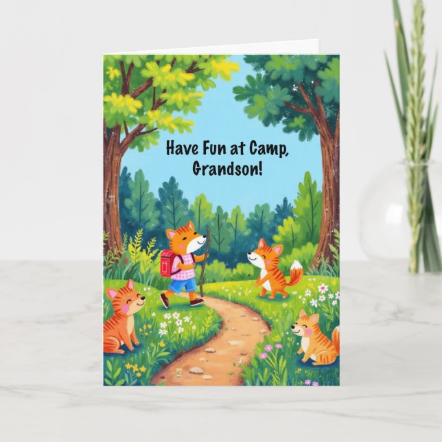 Grandson Summer Camp Denken Sie an Sie Fox in Wood Karte (Vorderseite)