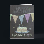 Grandson Trendy Chalk Board Effekt Geburtstagkarte Karte<br><div class="desc">Eine moderne Chalkboard-Karte mit Kuchen und Bannern zum Geburtstag</div>