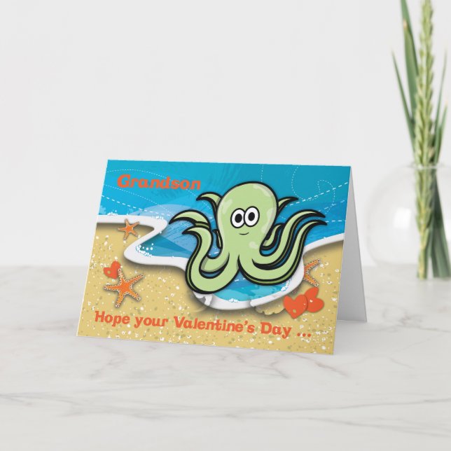 Grandson Valentine's Day Cartoon Octopus Karte (Vorderseite)