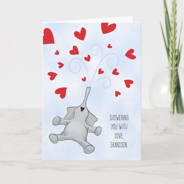 Grandson Valentine's Day Elephant & Herz Feiertagskarte (Vorderseite)