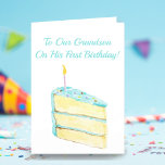 Grandsons erster Geburtstagskuchen Karte<br><div class="desc">Feiern Sie Ihren ersten Geburtstag mit dieser bezaubernden Aquarellscheibe. Ändern Sie die innere Nachricht!</div>