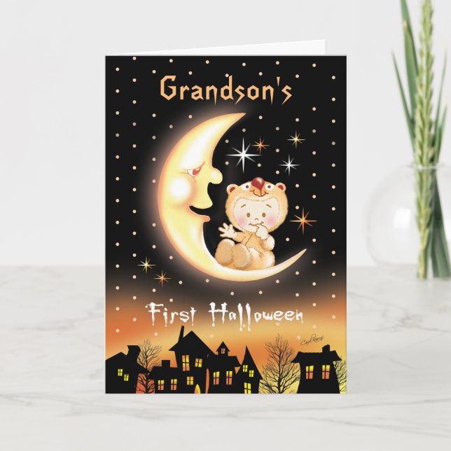 Grandsons erstes Halloween, Moon Baby Karte (Vorderseite)